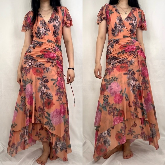 Maeve by Anthropologie Peach Orange Floral Drop Waist Maxi Dress - Picture 4 of 8